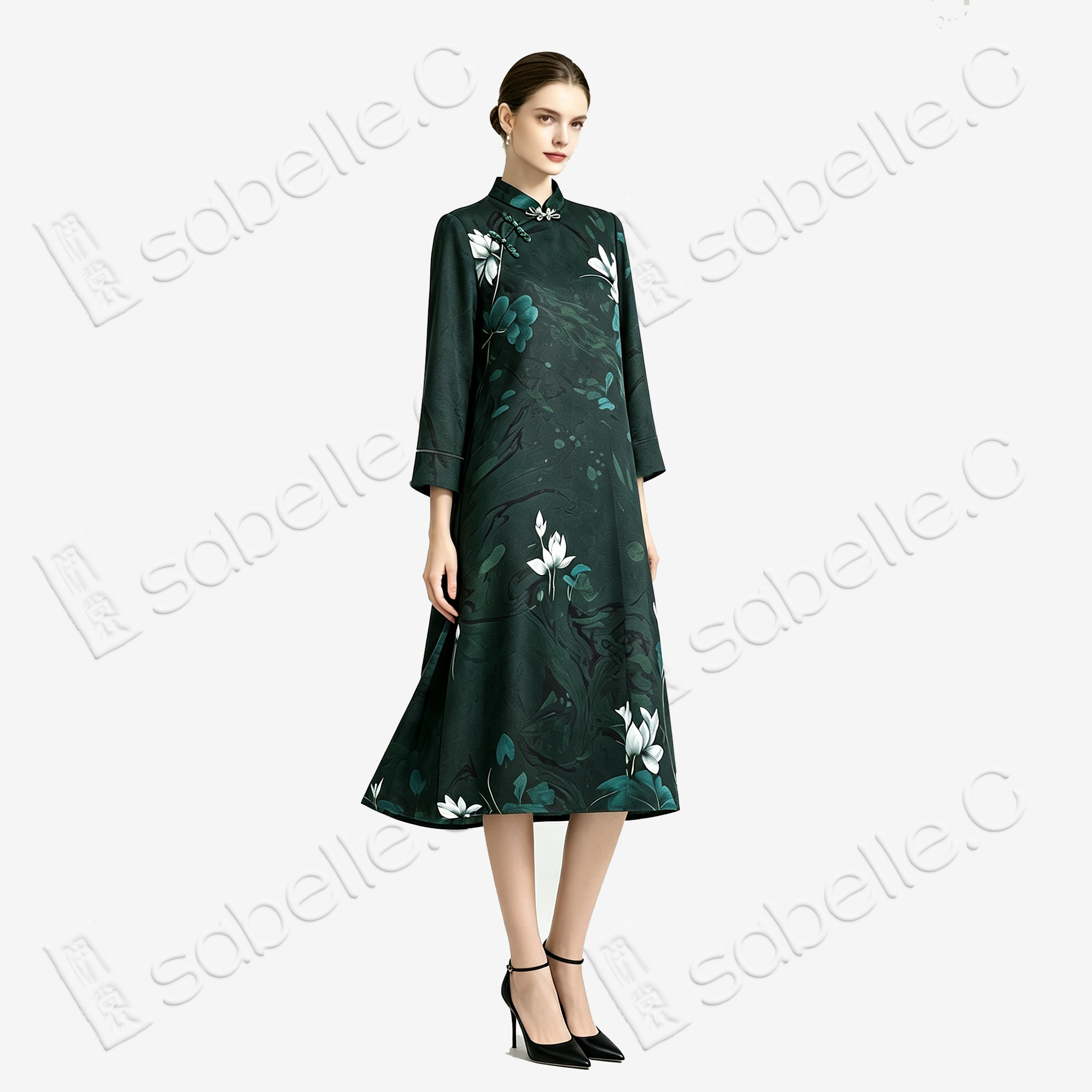 Gambiered Canton Silk Hand‑Painted Dress - 「墨荷曉露」香雲紗手繪裙