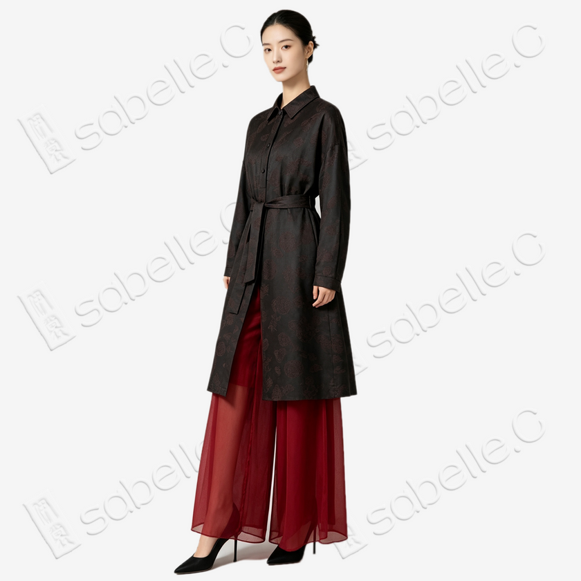 Jacquard Gambiered Canton Silk Shirt‑Dress, Leather‑Finish - 重緞香雲紗提花長外套