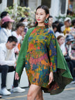 Hualuo Gambiered Canton Silk Patchwork Cape Dress