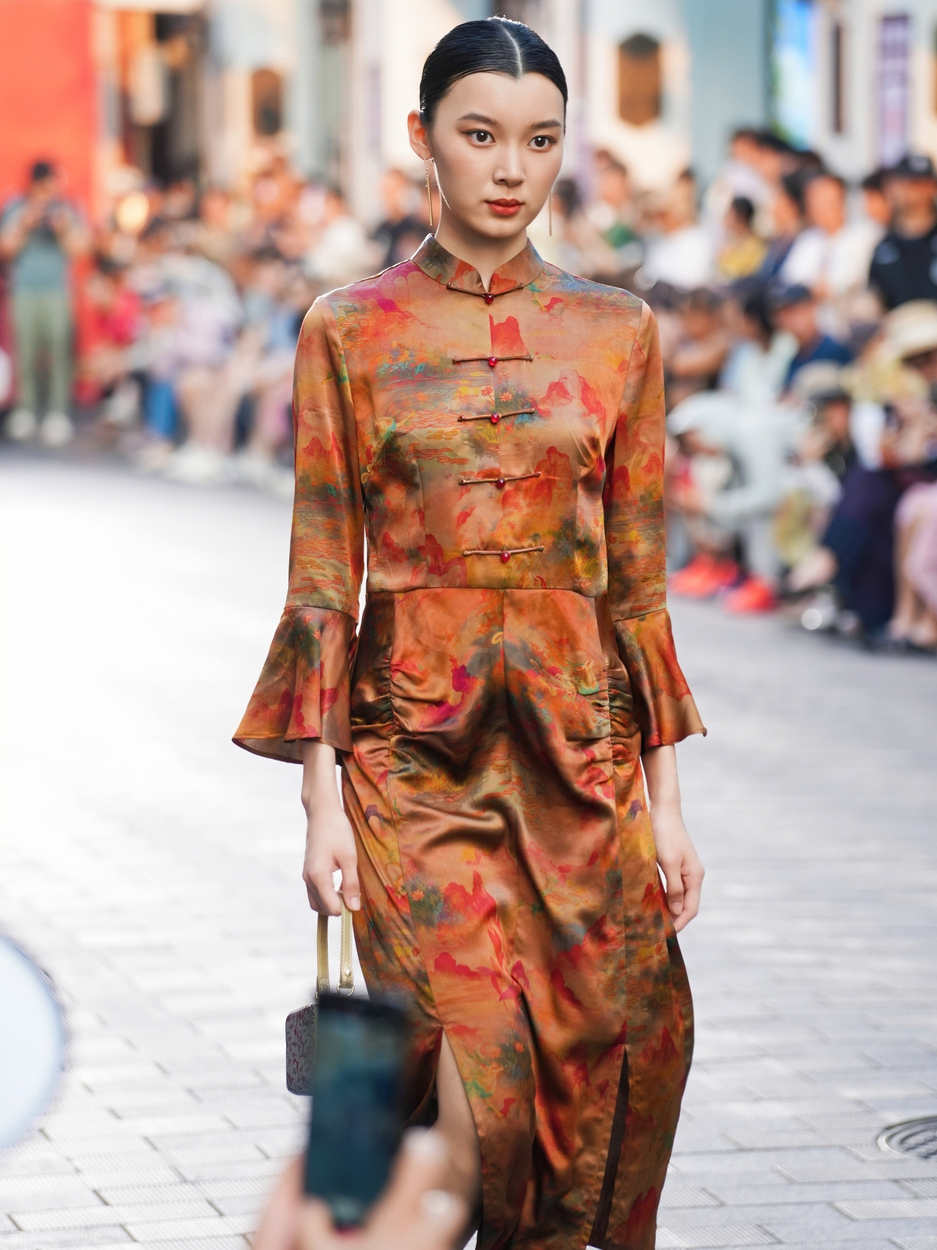 Gambiered Canton Silk Satin Dress with Bell Sleeves