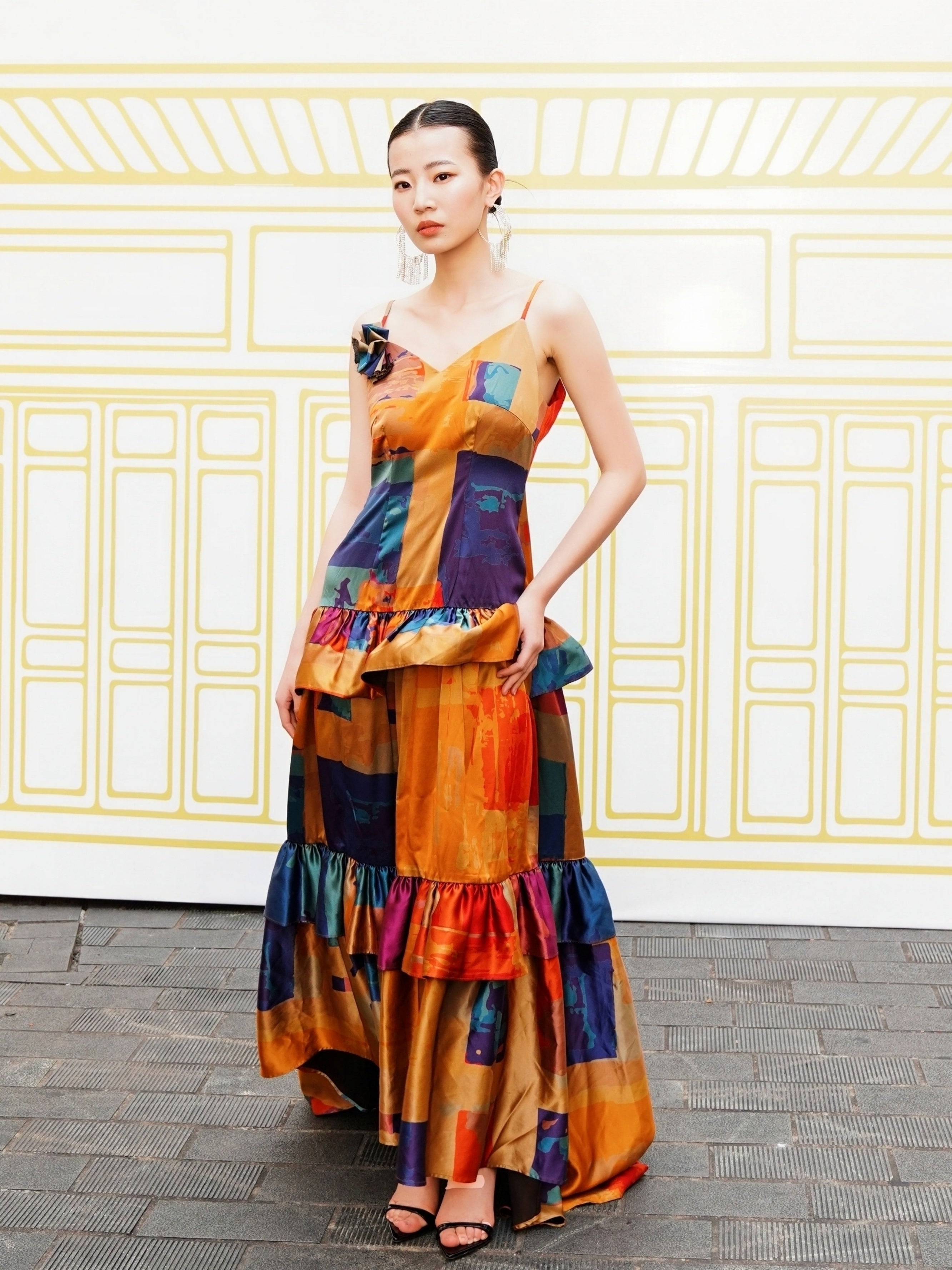 Gambiered Canton Silk Satin Dress