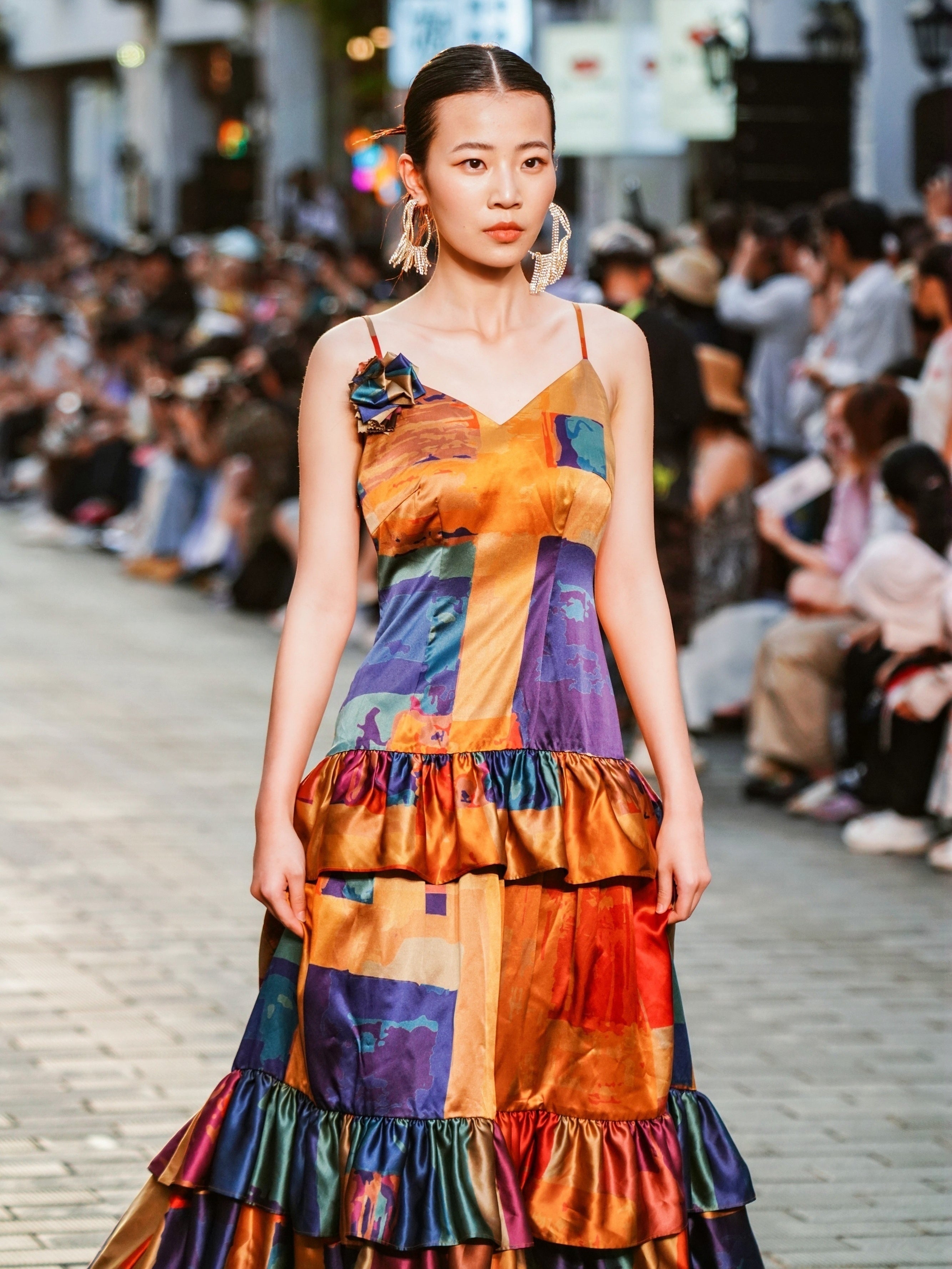 Gambiered Canton Silk Satin Dress