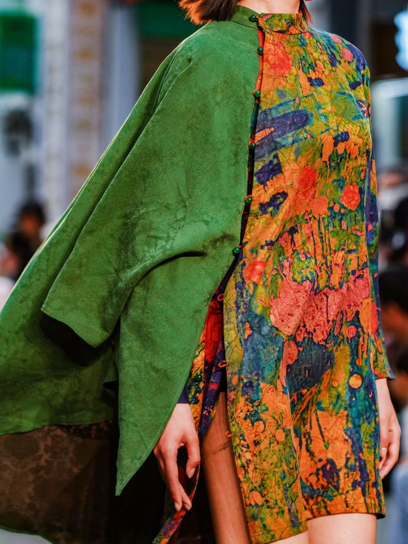 Hualuo Gambiered Canton Silk Patchwork Cape Dress