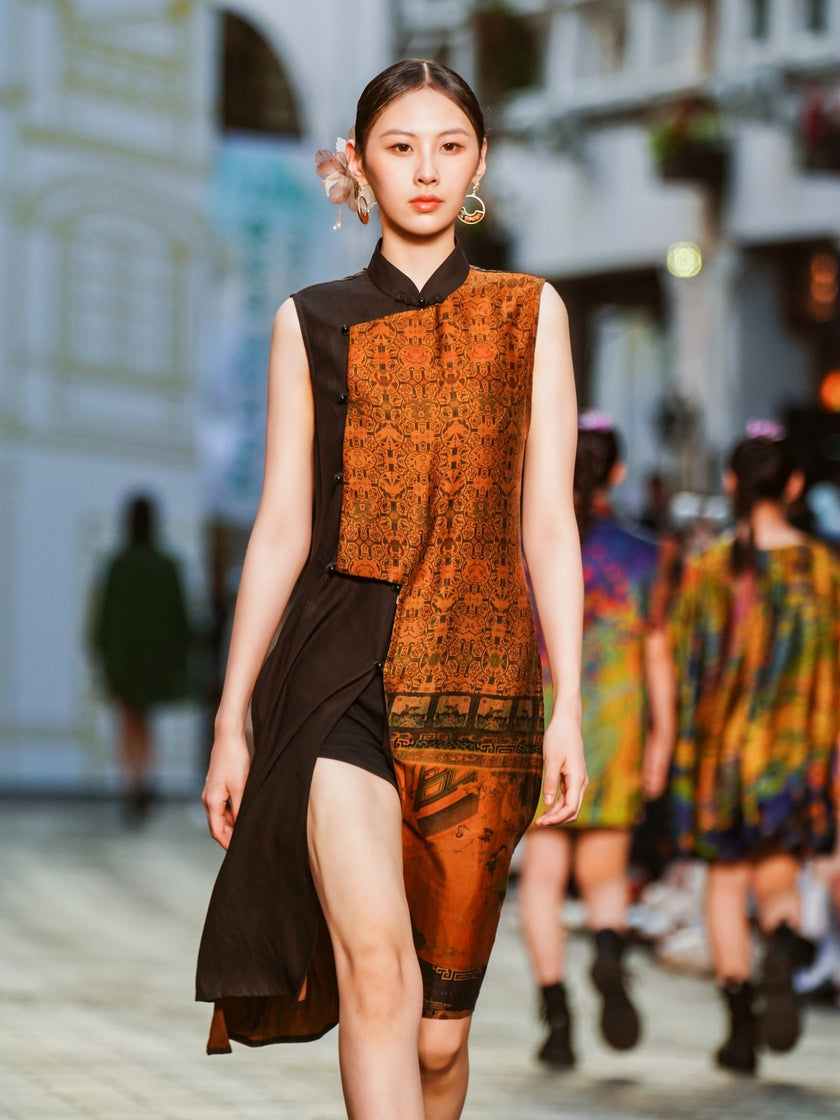 Gambiered Canton Silk Patchwork Top - 香雲紗罩衫