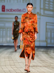 Gambiered Canton Silk Satin Dress with Bell Sleeves