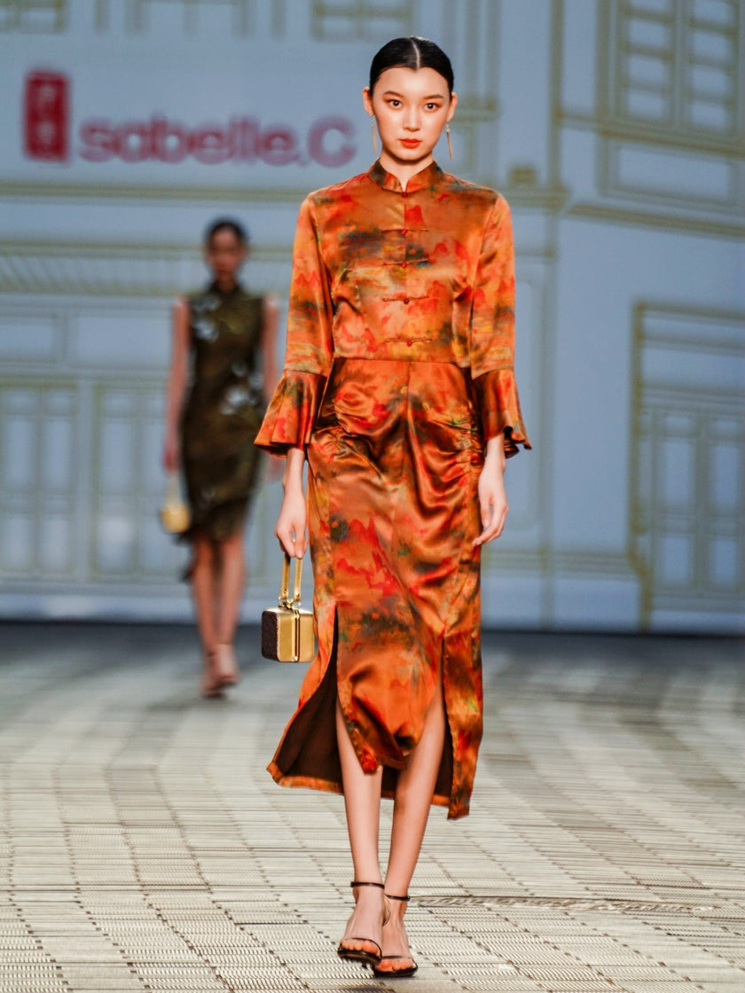 Gambiered Canton Silk Satin Dress with Bell Sleeves