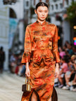 Gambiered Canton Silk Satin Dress with Bell Sleeves