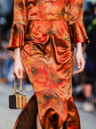Gambiered Canton Silk Satin Dress with Bell Sleeves