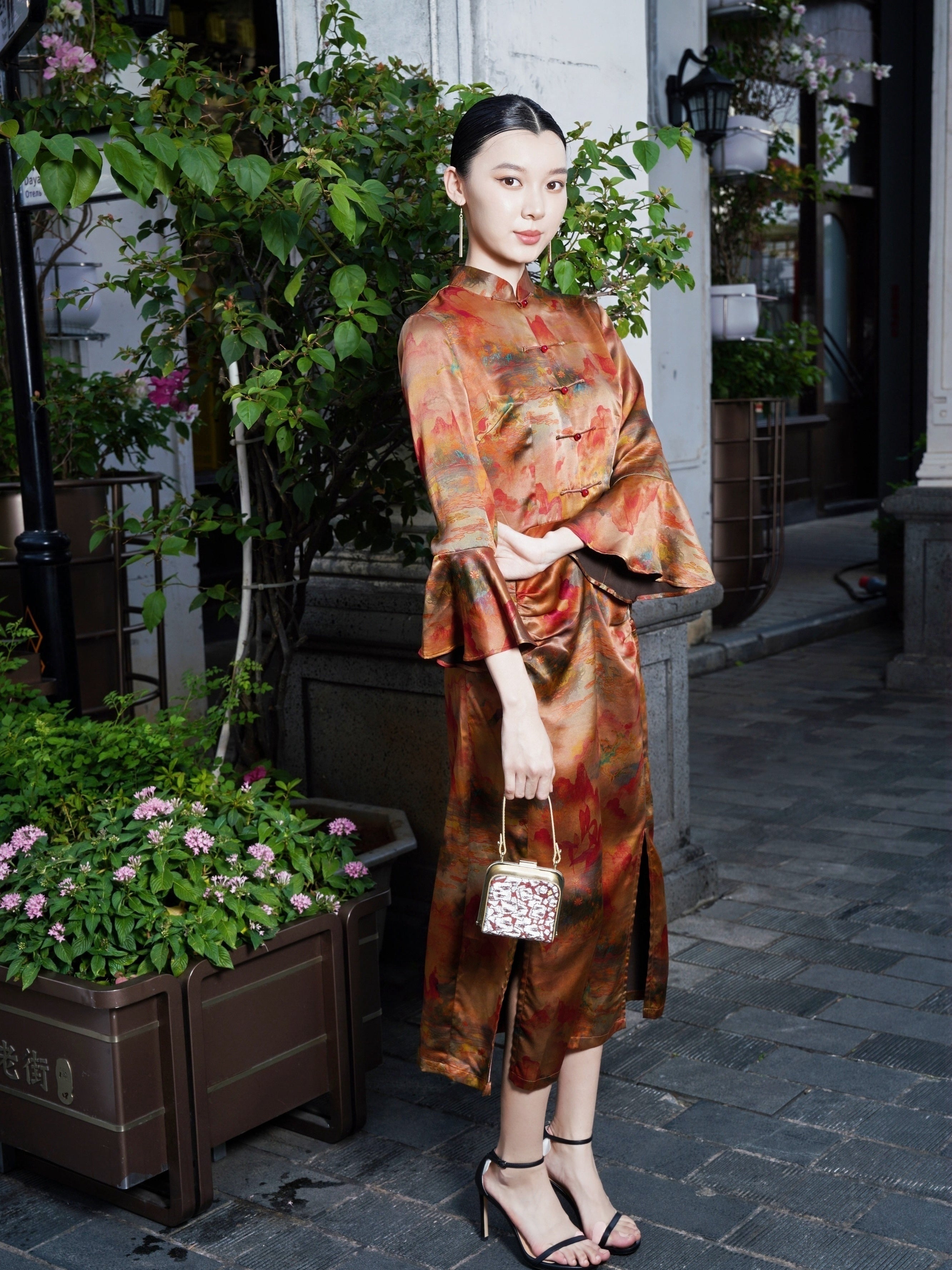 Gambiered Canton Silk Satin Dress with Bell Sleeves