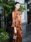 Gambiered Canton Silk Satin Dress with Bell Sleeves