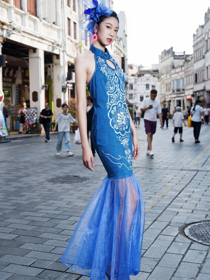Luxury Tie-Dye Halter Dress with Tulle