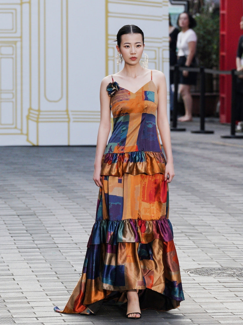 Gambiered Canton Silk Satin Dress
