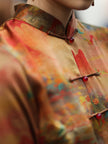 Gambiered Canton Silk Satin Dress with Bell Sleeves