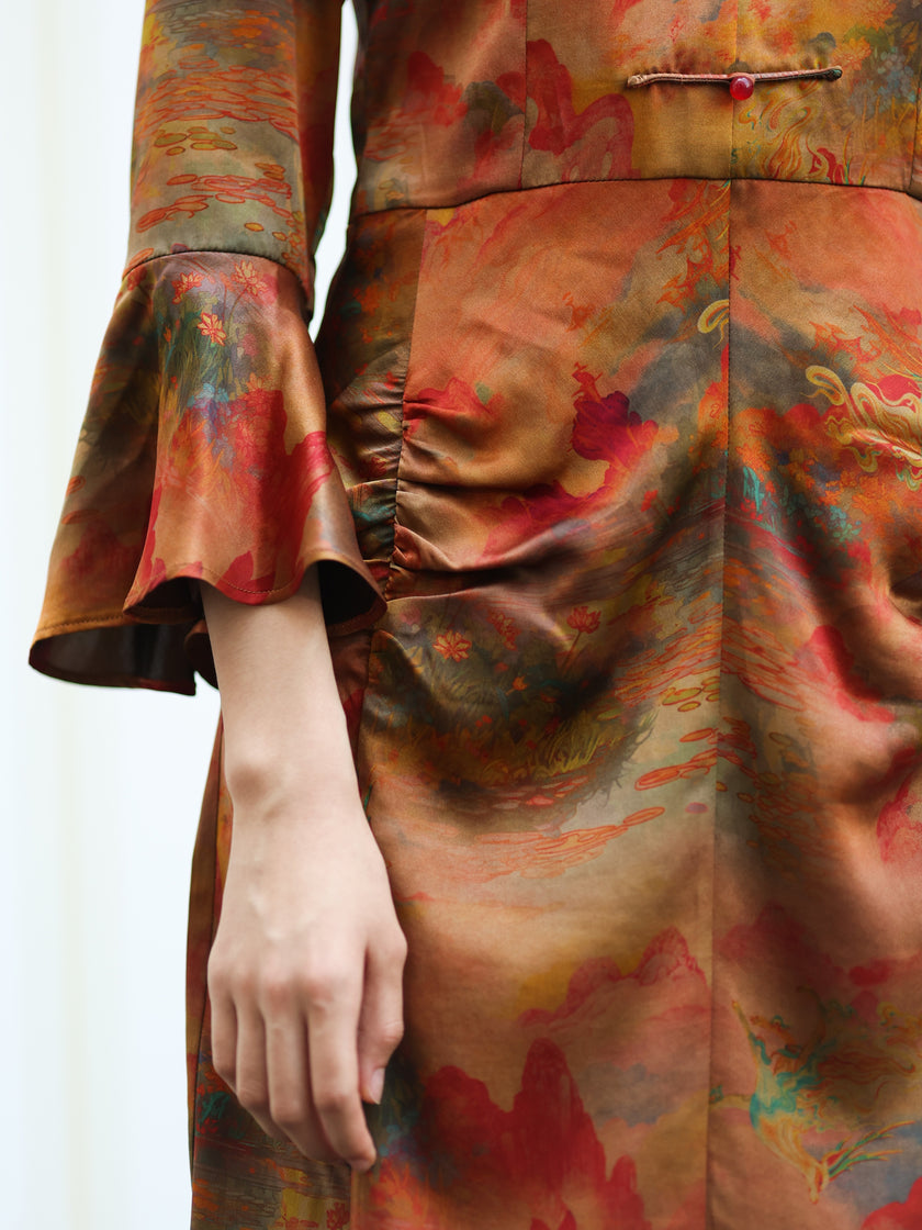 Gambiered Canton Silk Satin Dress with Bell Sleeves
