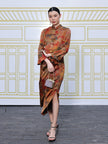 Gambiered Canton Silk Satin Dress with Bell Sleeves