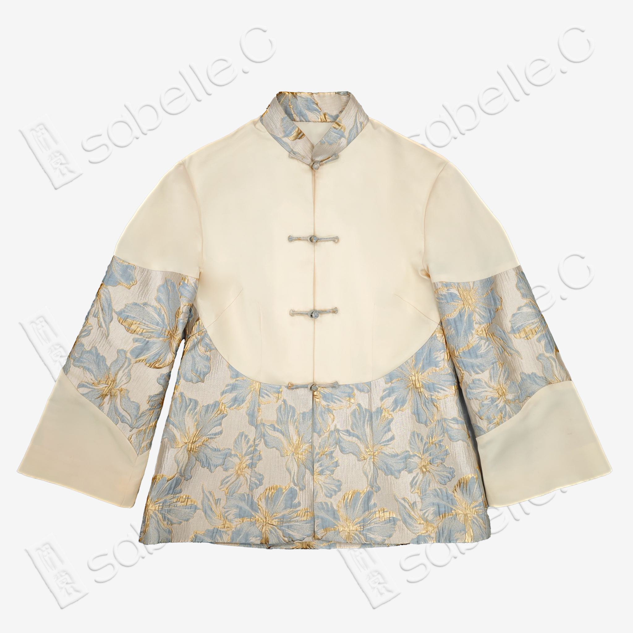 Floral Embroidered Two-Tone Mandarin Collar Jacket