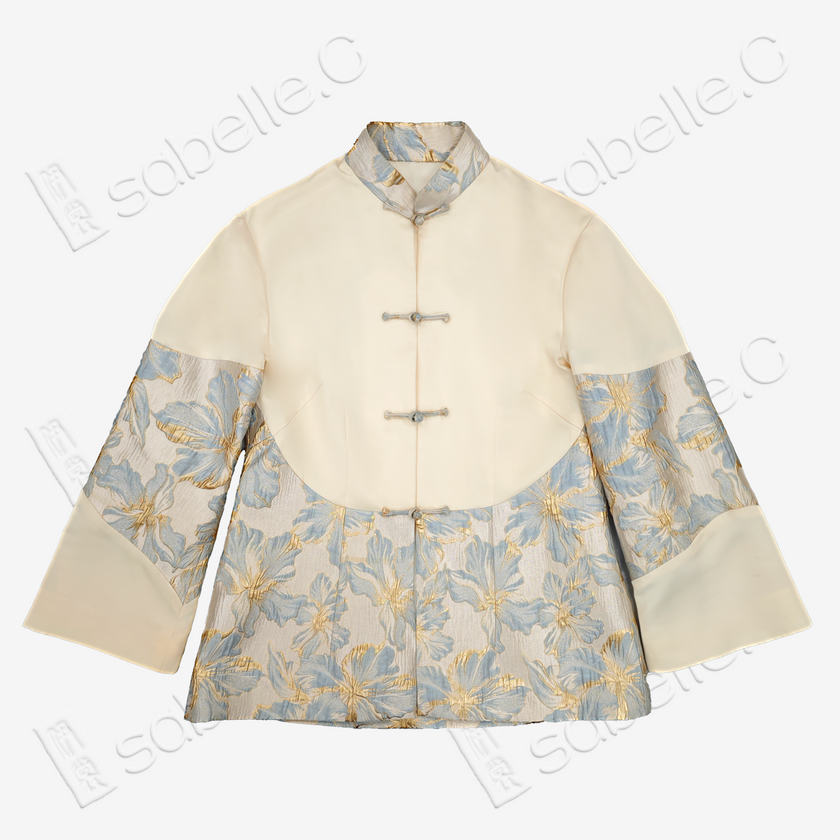 Floral Embroidered Two-Tone Mandarin Collar Jacket