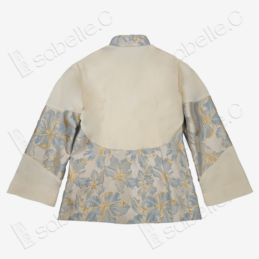 Floral Embroidered Two-Tone Mandarin Collar Jacket