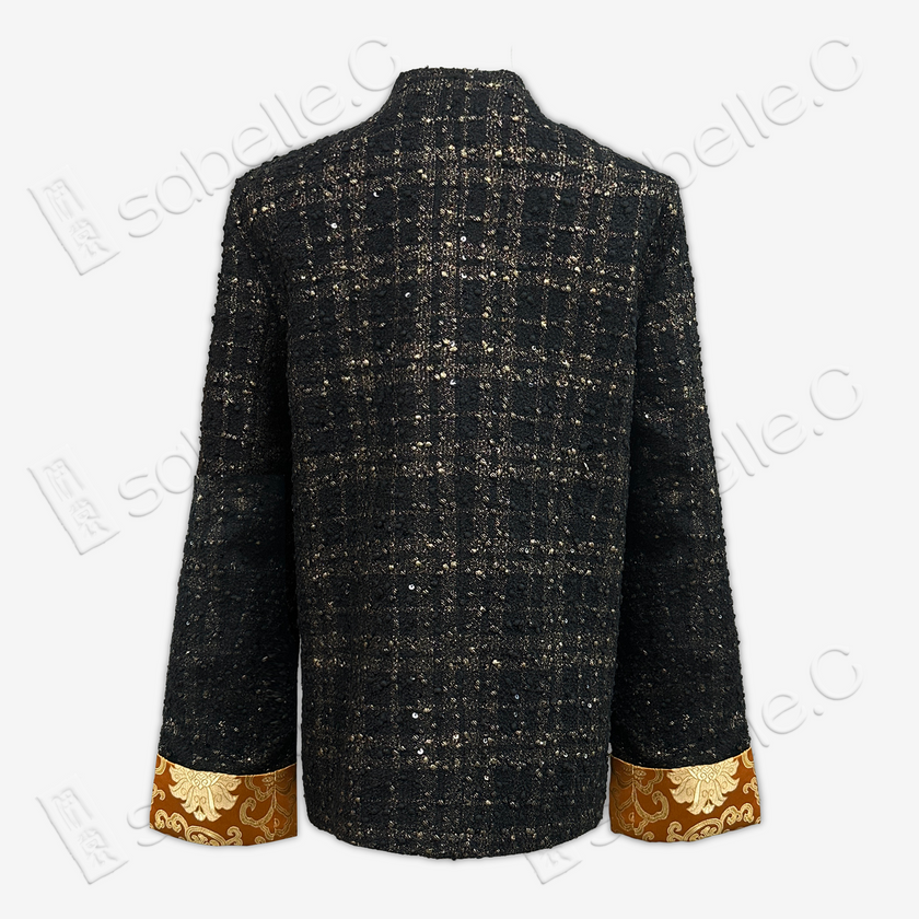 Black-Gold Plaid Tweed Short Coat