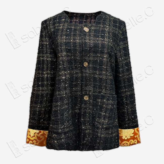 Black-Gold Plaid Tweed Short Coat