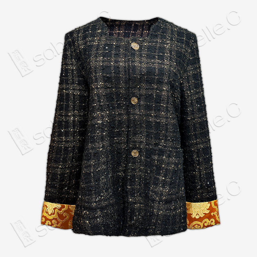 Black-Gold Plaid Tweed Short Coat
