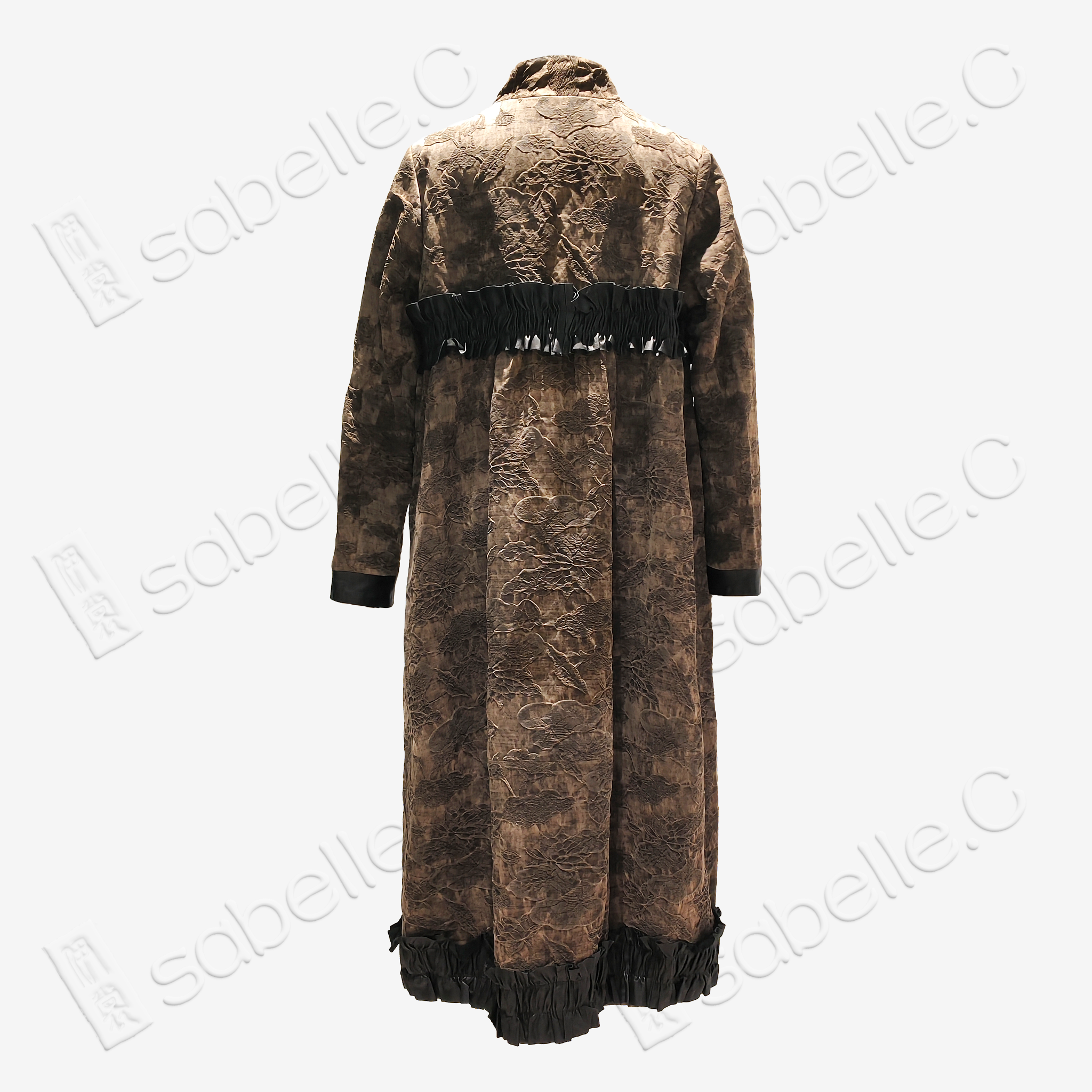 Vintage Textured Midi Coat with Leather Ruffle Trim