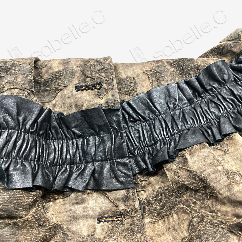 Vintage Textured Midi Coat with Leather Ruffle Trim