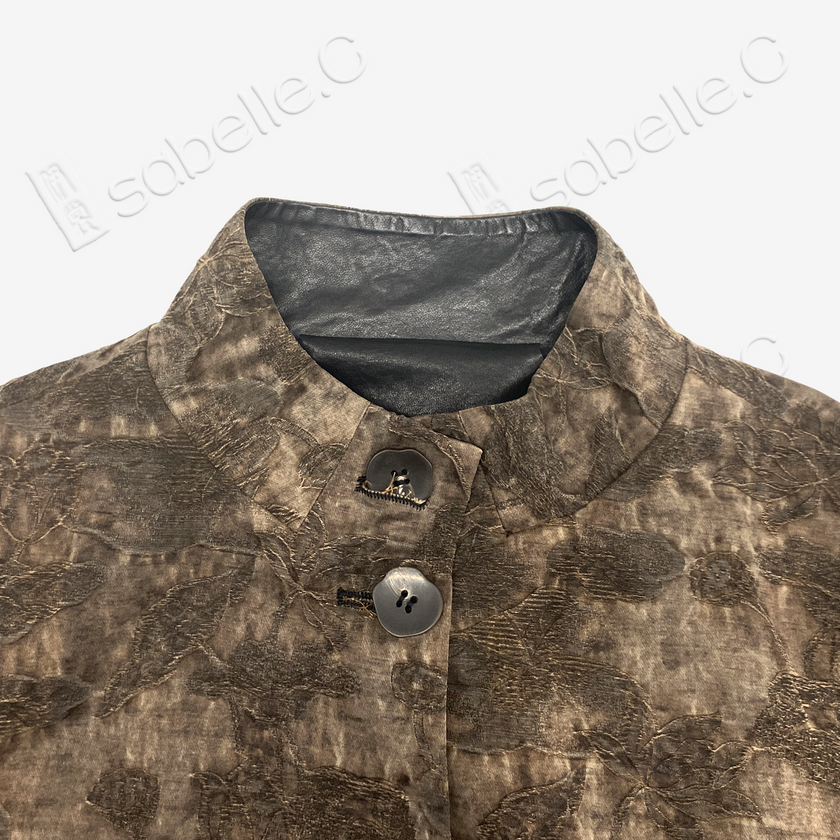 Vintage Textured Midi Coat with Leather Ruffle Trim