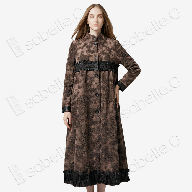 Vintage Textured Midi Coat with Leather Ruffle Trim