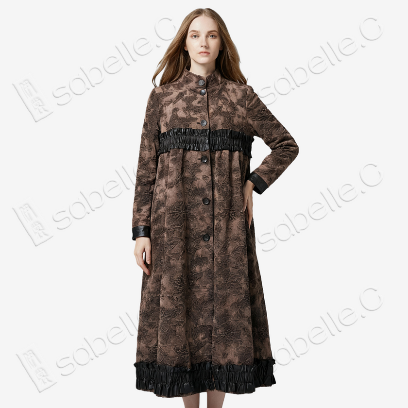 Vintage Textured Midi Coat with Leather Ruffle Trim