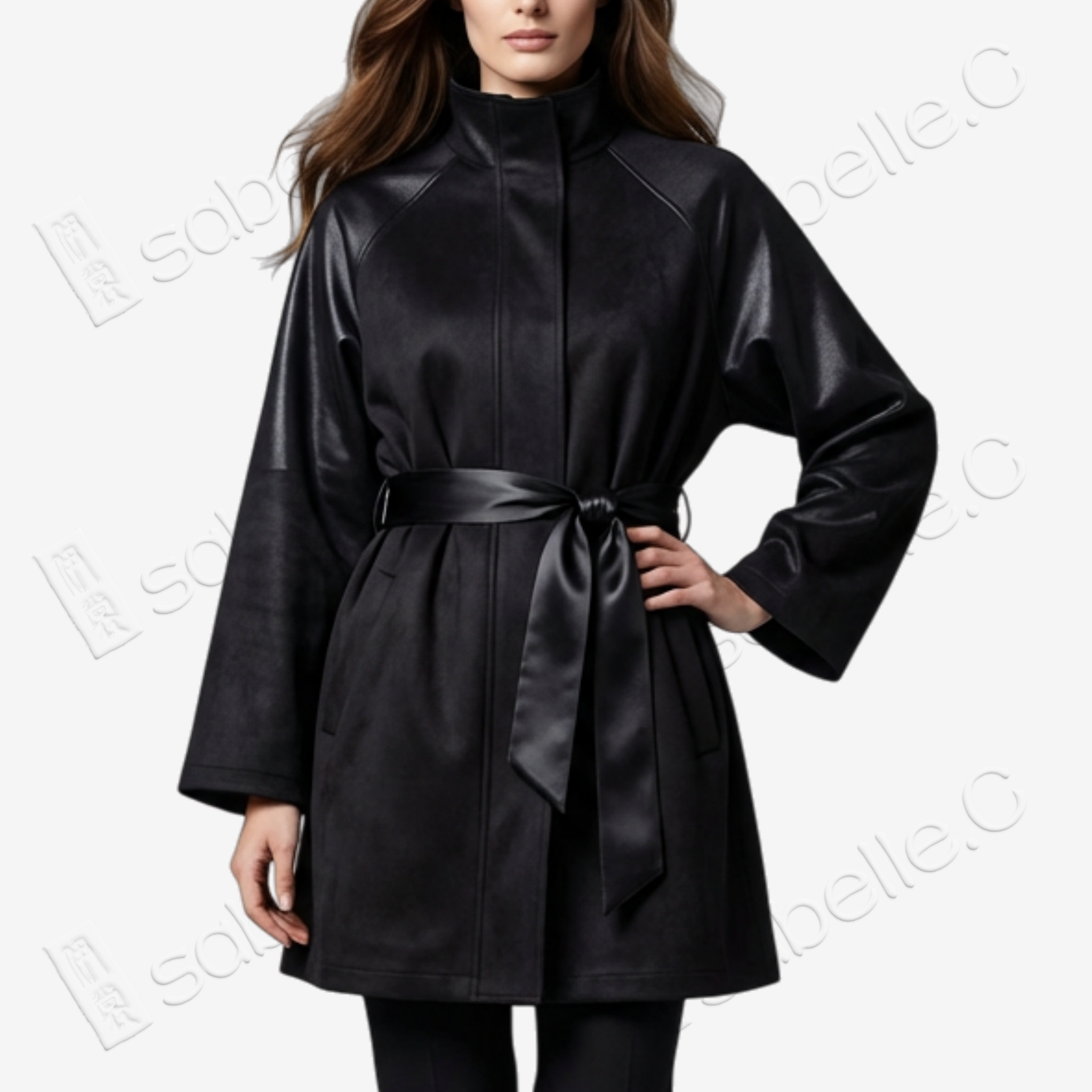 Gambiered Canton Silk Leather Belted Trench Coat