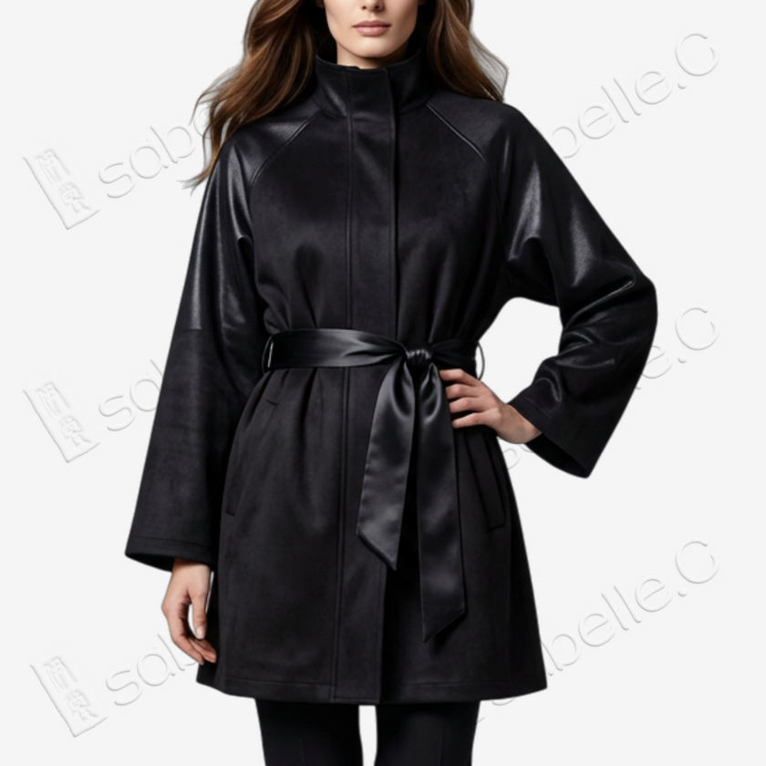 Gambiered Canton Silk Leather Belted Trench Coat