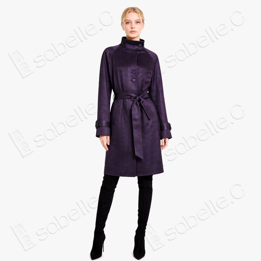 Gambiered Canton Silk Leather Belted Trench Coat - 皮子料香雲紗外套