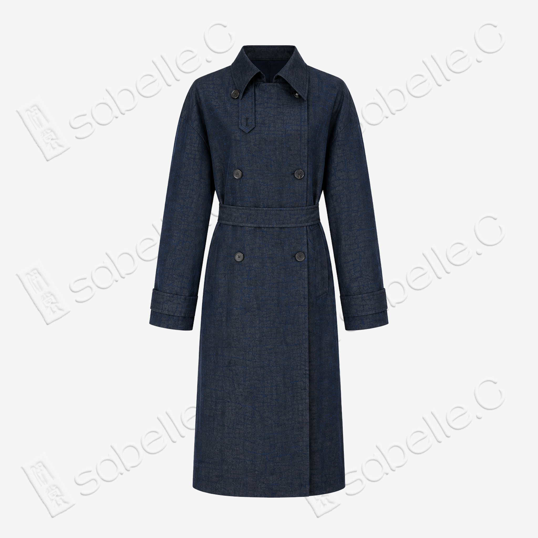 Long Trench Coat in Blue Crackle‑Pattern Gambiered Canton Silk - 藍龜裂紋香雲紗長風衣