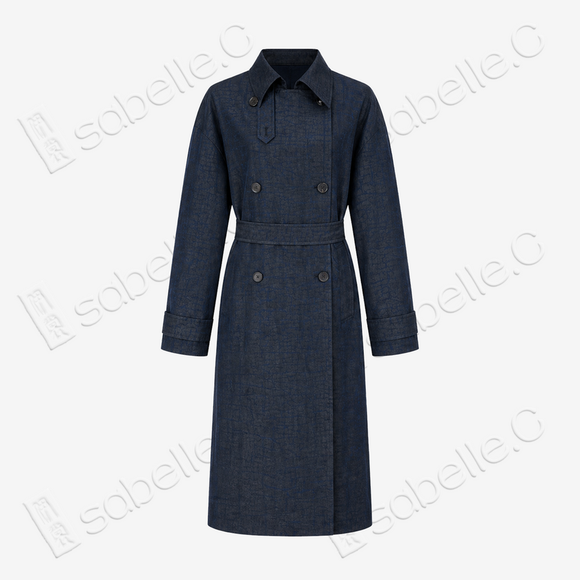 Long Trench Coat in Blue Crackle‑Pattern Gambiered Canton Silk - 藍龜裂紋香雲紗長風衣