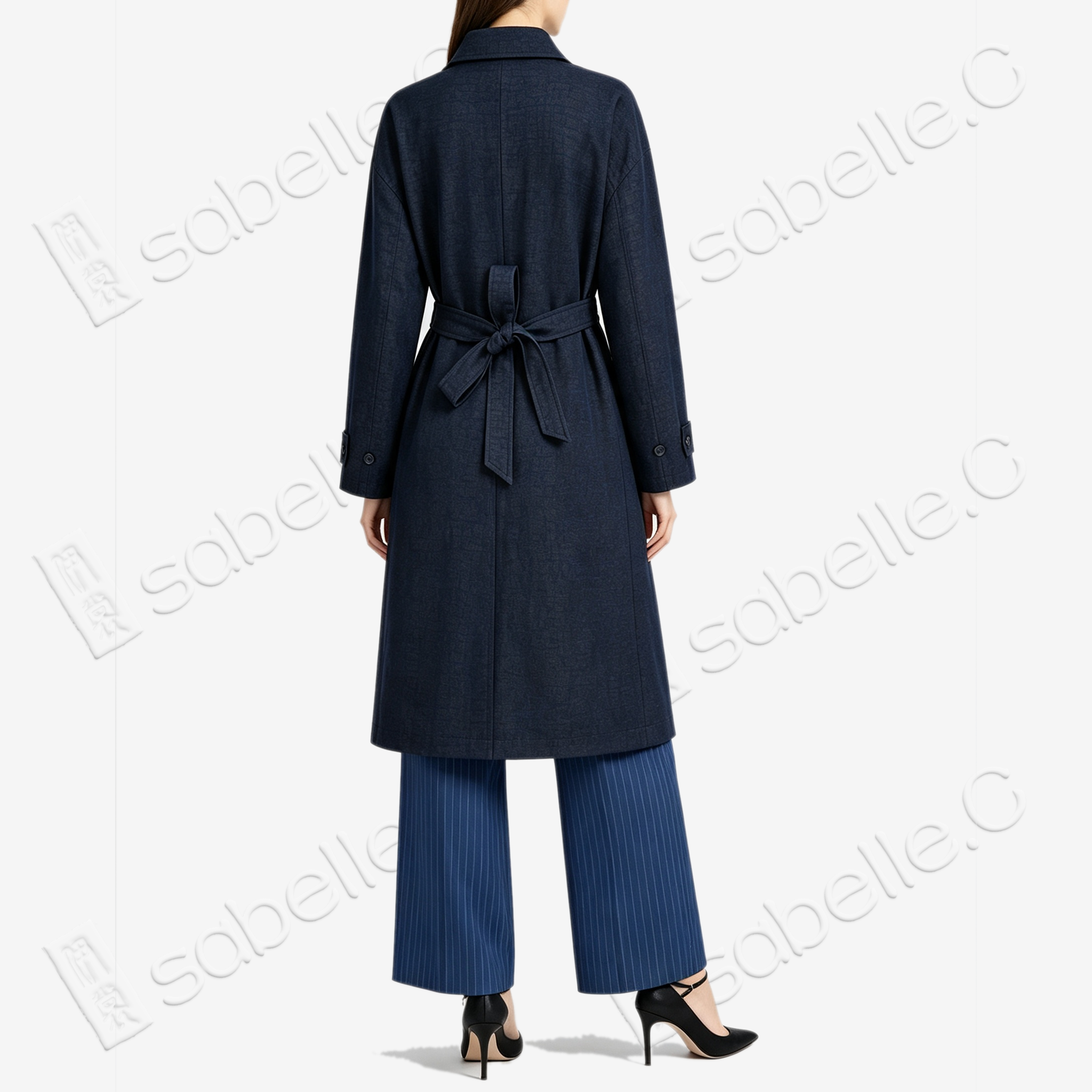 Long Trench Coat in Blue Crackle‑Pattern Gambiered Canton Silk - 藍龜裂紋香雲紗長風衣