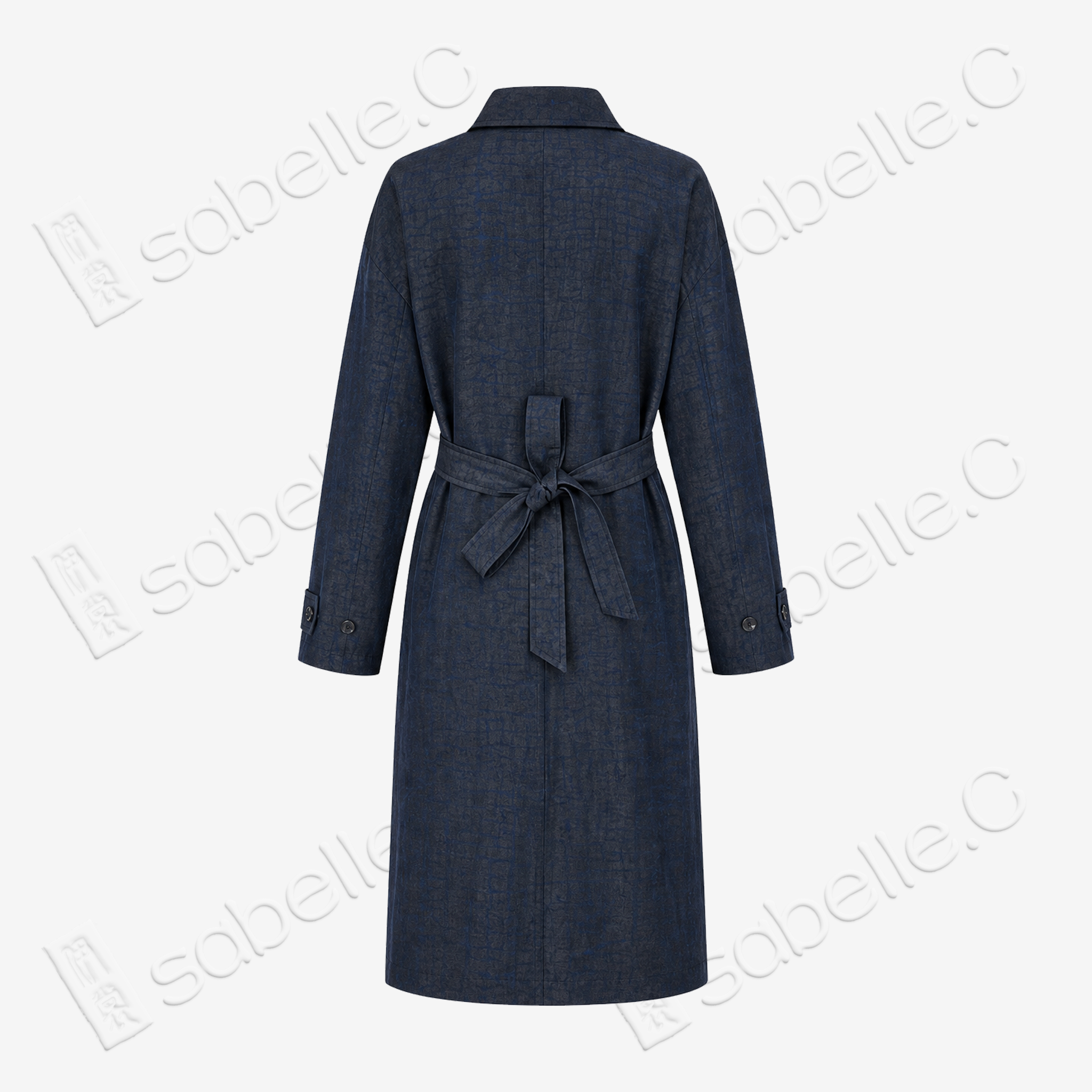 Long Trench Coat in Blue Crackle‑Pattern Gambiered Canton Silk - 藍龜裂紋香雲紗長風衣