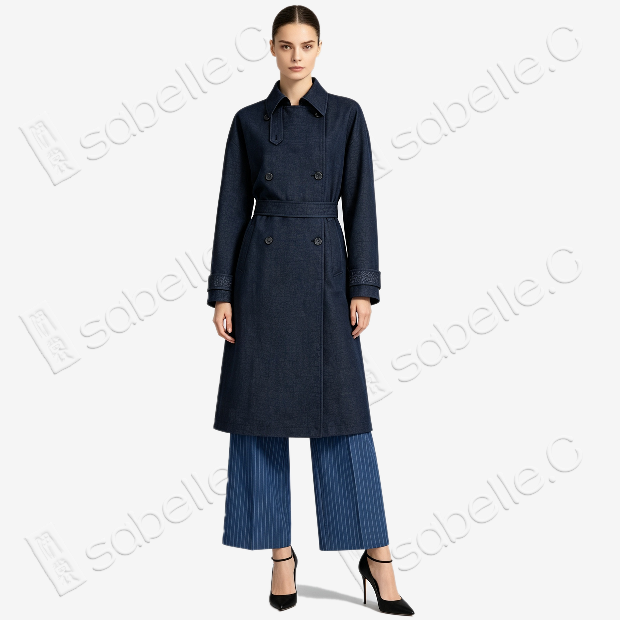 Long Trench Coat in Blue Crackle‑Pattern Gambiered Canton Silk - 藍龜裂紋香雲紗長風衣