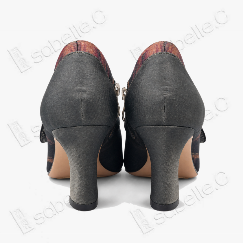 Lambskin & Gambiered Canton Silk Buckle Shooties 香雲紗拼小羊皮尖頭塔扣短踝鞋