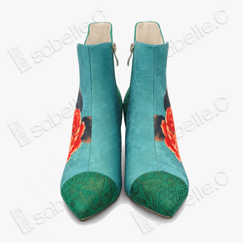 Gambiered Canton Silk Heel Ankle Boots - 香雲紗尖頭短靴