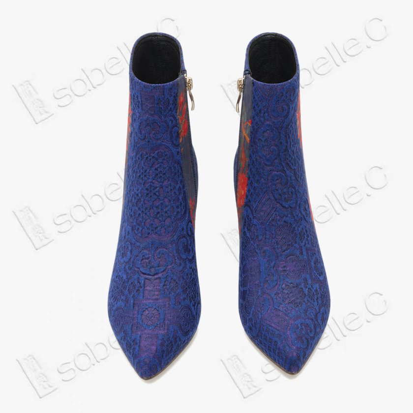 Gambiered Canton Silk Heel Ankle Boots - 香雲紗尖頭短靴