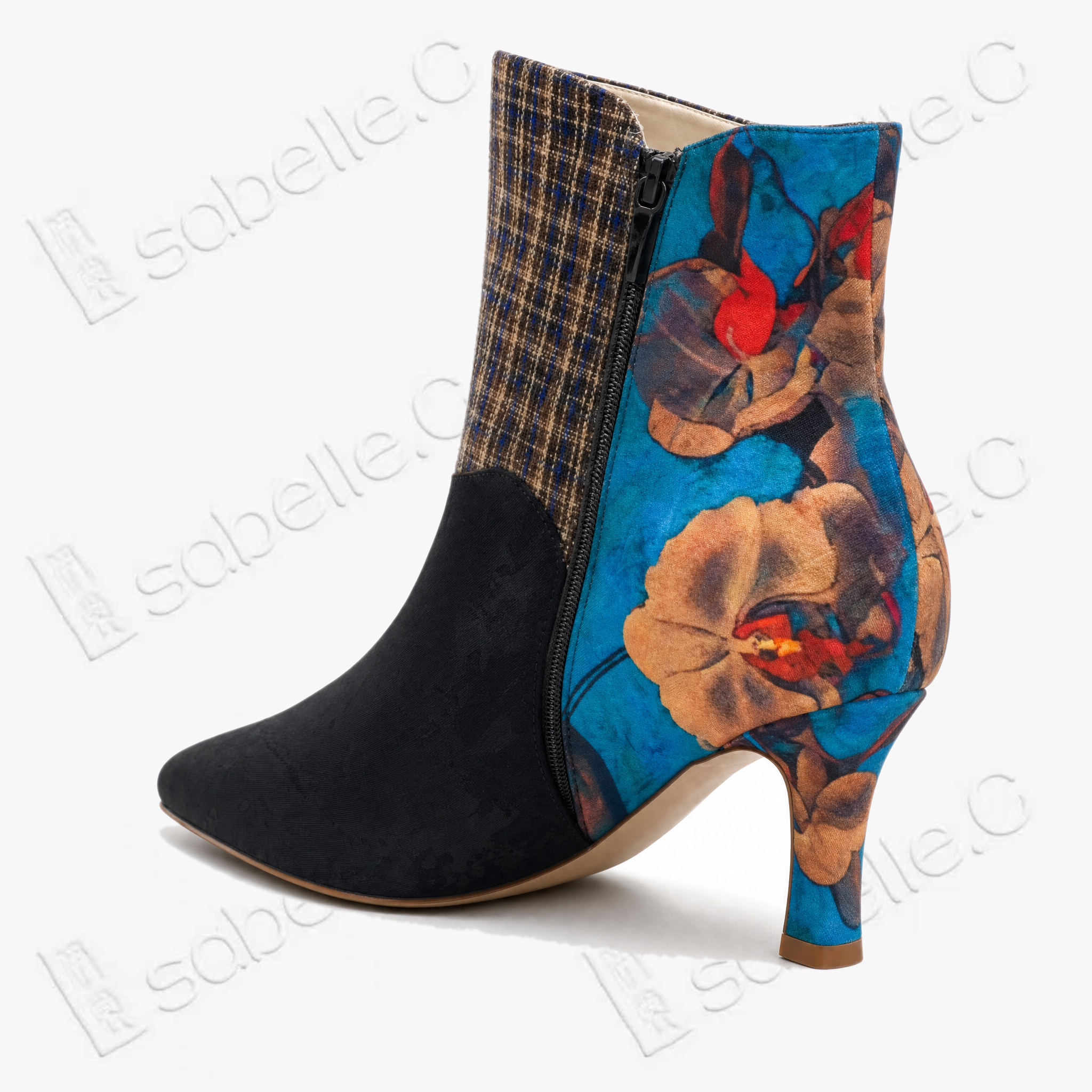 Gambiered Canton Silk Heel Ankle Boots - 香雲紗尖頭短靴