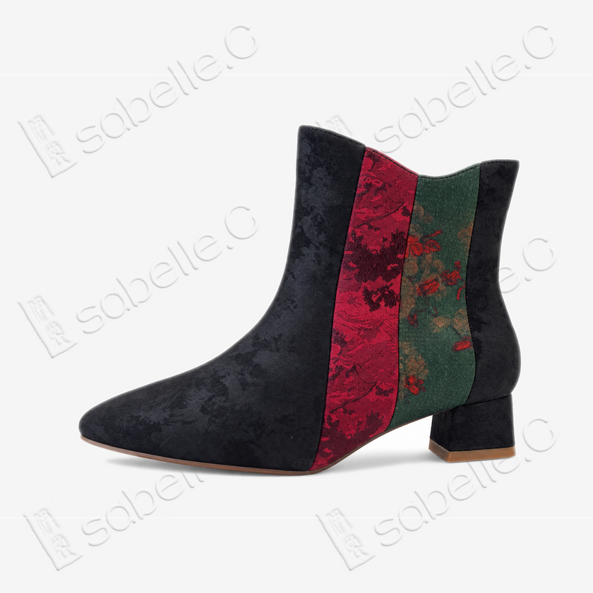 Gambiered Canton Silk Heel Ankle Boots - 香雲紗尖頭短靴