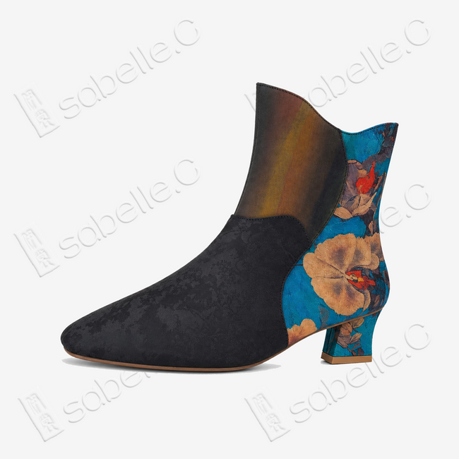 Gambiered Canton Silk Heel Ankle Boots - 香雲紗尖頭短靴