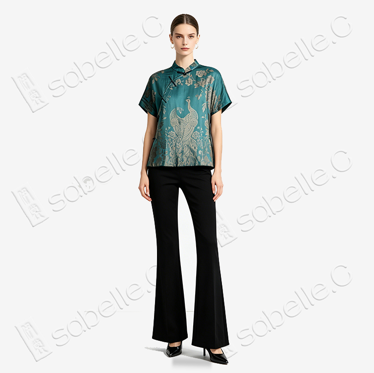Emerald Twin Peacock Vintage Silk Blouse - 「翠鸞雙雀」古董老緞上衣