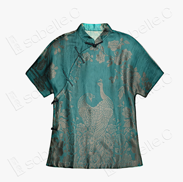 Emerald Twin Peacock Vintage Silk Blouse - 「翠鸞雙雀」古董老緞上衣