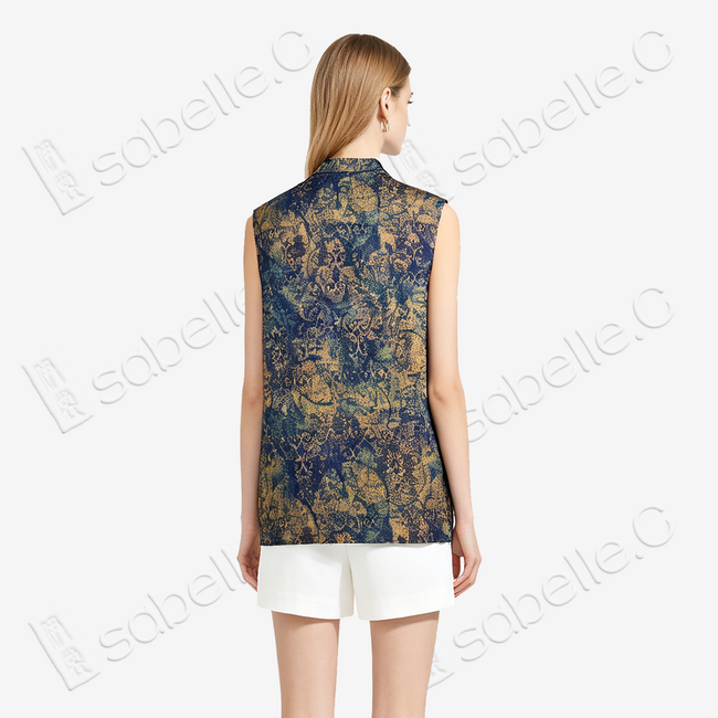 Navy Gilded Blur Motif Gambiered Canton Silk Top - 藏藍鎏金暈紋香雲紗上衣