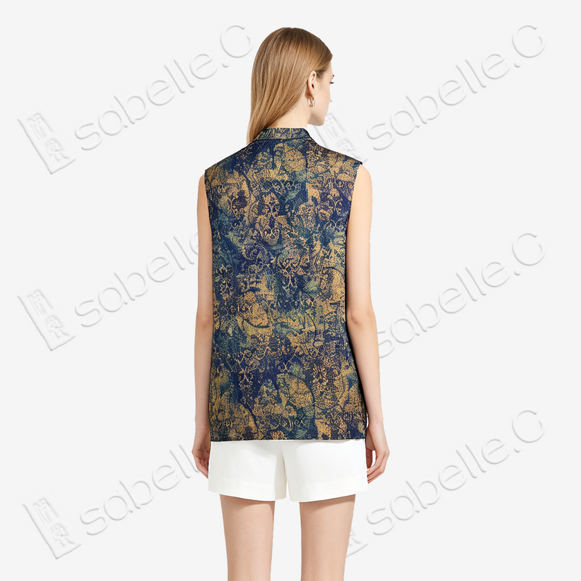 Navy Gilded Blur Motif Gambiered Canton Silk Top - 藏藍鎏金暈紋香雲紗上衣