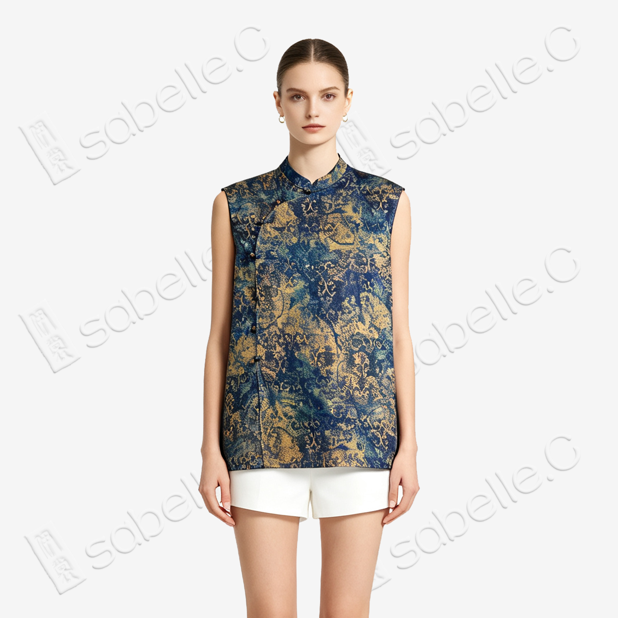 Navy Gilded Blur Motif Gambiered Canton Silk Top - 藏藍鎏金暈紋香雲紗上衣