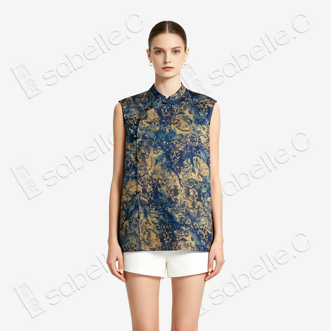 Navy Gilded Blur Motif Gambiered Canton Silk Top - 藏藍鎏金暈紋香雲紗上衣